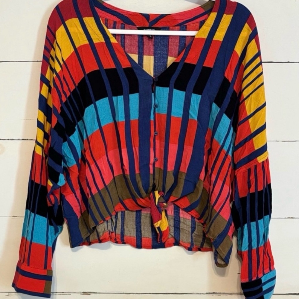 Express Multicolor Stripe Tie Front Crop Blouse Size M Boho Button Front Top